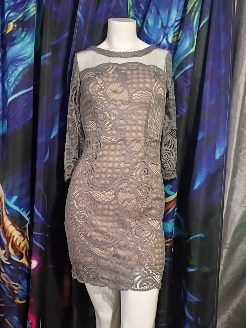 Soieblu Taupe Lace Long Sleeve Sheath Dress